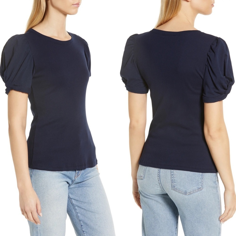 NEW Nordstrom 1.State Puff‎ Sleeve T-Shirt Navy Blue Size Large Crew Neck Top L